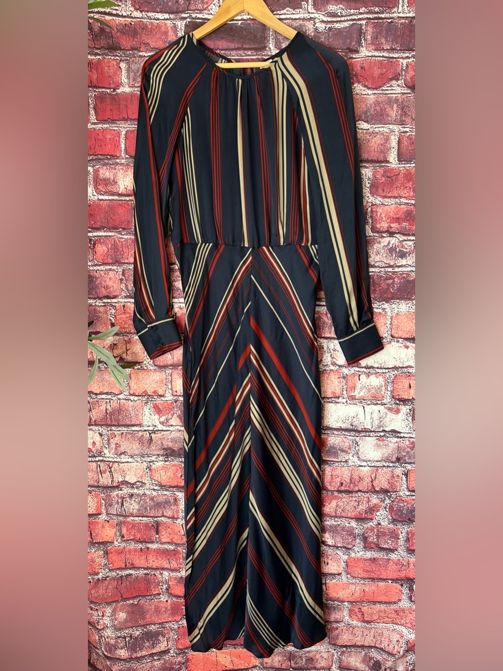 H&M Retro 70s Style Striped Midi Dress Long Sleeve Navy Red Cream